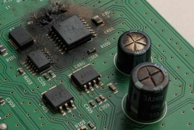 Charred SMD ICs and bulged electrolytic capacitors on a circuit board