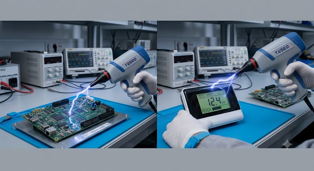 Engineer applying an ESD generator to a device on a bench with a vertical copper coupling plane behind it