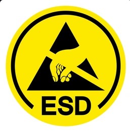 Yellow circular ESD susceptibility symbol showing a crossed-out hand reaching for a triangle