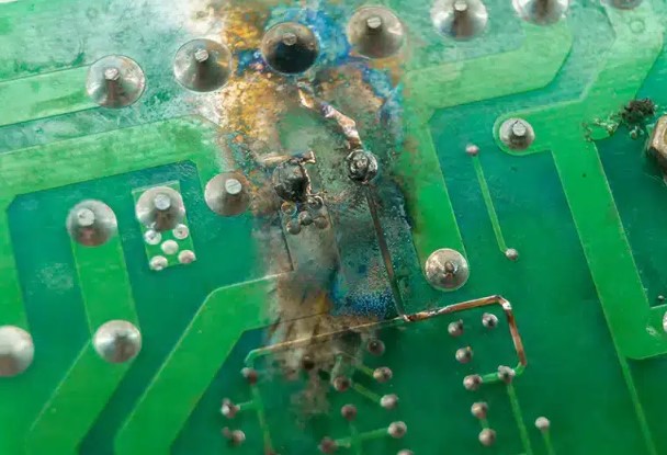 PCB with carbonized, burned traces and discolored solder joints