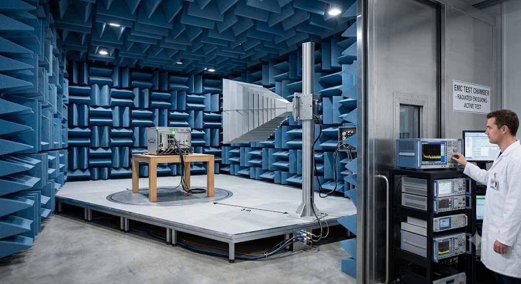 Semi-anechoic EMC test chamber with absorber-lined walls, EUT on a turntable, log-periodic antenna on a mast, and an engineer at the instrument rack outside