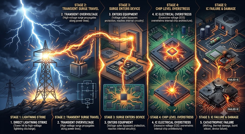 Five-stage infographic showing a direct lightning strike, transient overvoltage traveling the power network, the surge entering equipment, chip-level electrical overstress, and final IC failure and damage