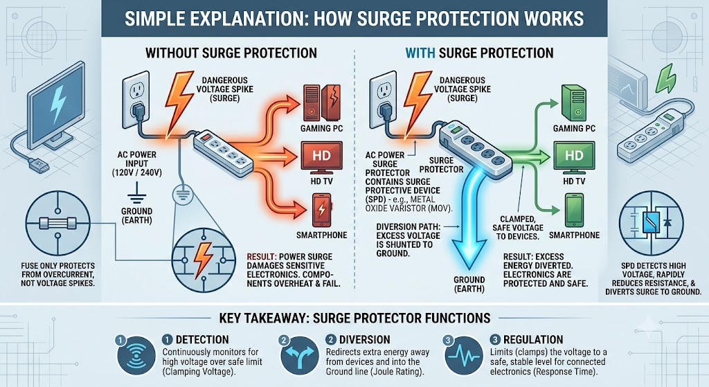 Simple diagram comparing an unprotected outlet, where a voltage spike damages a gaming PC, TV and smartphone, against a protected outlet with a surge protector that detects, diverts and regulates the spike safely to ground